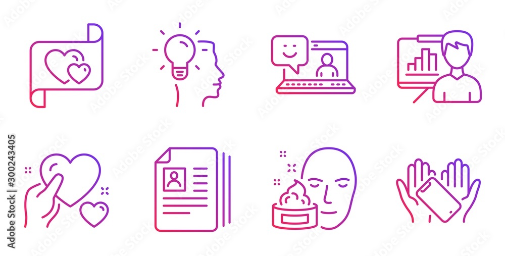 Hold heart, Smile and Presentation board line icons set. Idea, Face cream and Cv documents signs. Love letter, Smartphone holding symbols. Care love, Laptop feedback. People set. Vector Hold heart, Smile and Presentation board line icons set. Idea, Face cream and Cv documents signs. Love letter, Smartphone holding symbols. Care love, Laptop feedback. People set. Vector