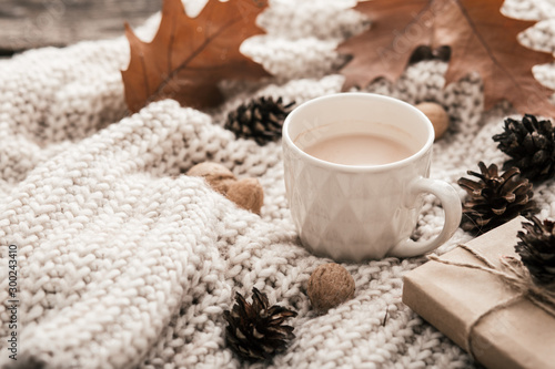 Cup of cocoa, nuts, glasses, dried autumn leaves on sweater background. Autumn composition.