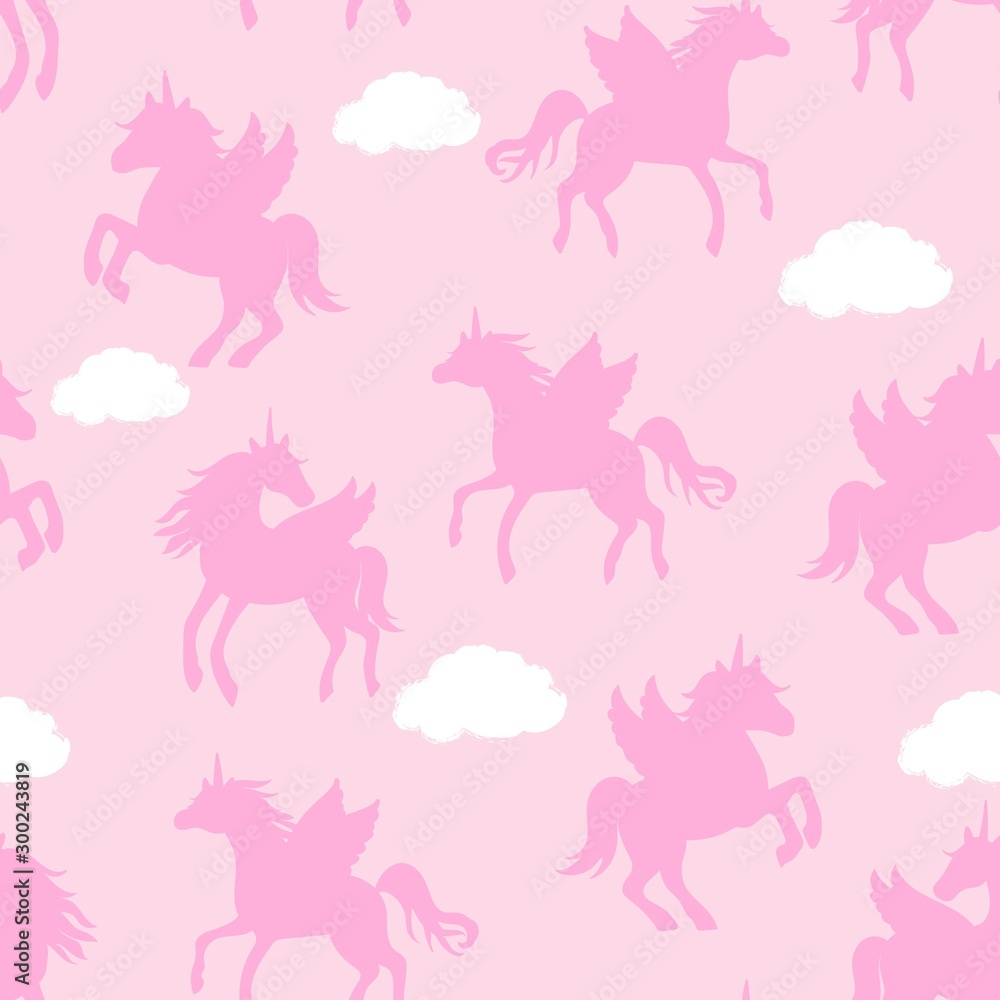 Seamless repeat pattern with pastel pink winged unicorns pegacorns silhouettes flying in pink sky with clouds Seamless repeat pattern with pastel pink winged unicorns pegacorns silhouettes flying in pink sky with clouds