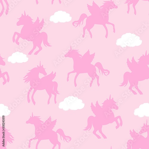 Seamless repeat pattern with pastel pink winged unicorns pegacorns silhouettes flying in pink sky with clouds