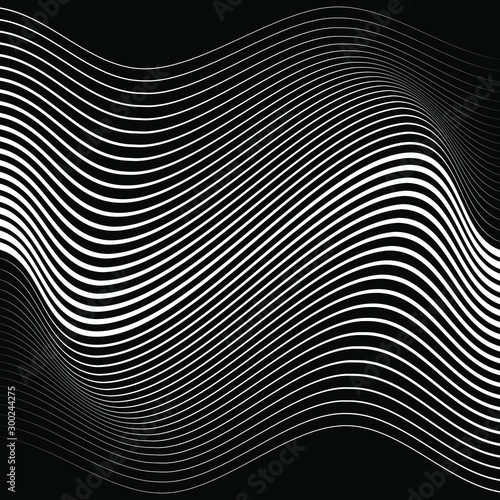 Abstract white wavy stripes on a black background. Op art. Trendy pattern for prints, web, template and textile design