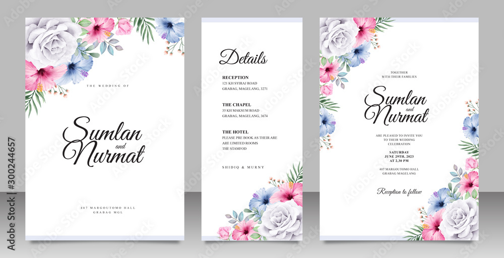 Beautiful wedding invitation card set template with colorful floral