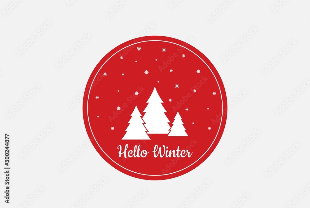 hello winter round sticker. Christmas and new year banner with with fir trees hello winter round sticker. Christmas and new year banner with with fir trees