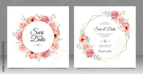 Golden frame wedding invitation with beautiful floral design