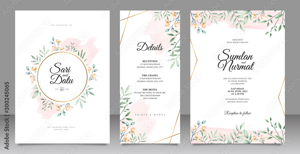 Wedding invitation card set template with leaves watercolor decoration