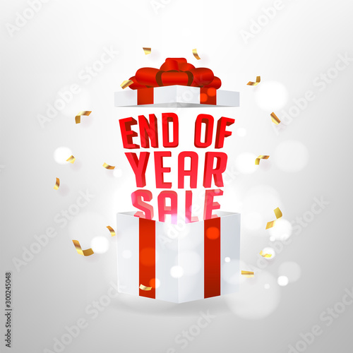 End of year sale banner. Opened gift box with red bow and magic effect.