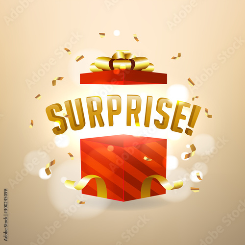 Surprise inside open red gift box. Birthday surprise and Christmas present concept.