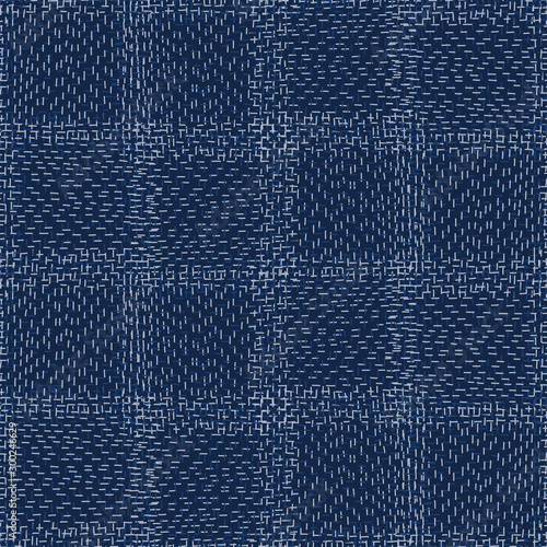 Boro Fabric Patch Kantha Vector Pattern. Darning Embroidery Needlework Seamless Background. Indigo Blue Dye. Sashiko Running Stitch Texture Textile Print. Japan Fashion Masculine Quilting Tile EPS 10 photo