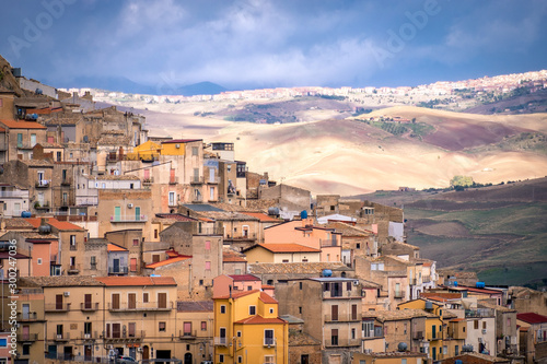 Landscape with old houses of Mountainous Sicilian town Gagliano Castelferrato, Italy