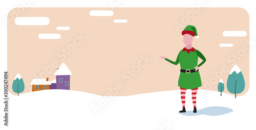 cute elf santa helper merry christmas happy new year holiday celebration concept snowy houses on winter background greeting card horizontal vector illustration