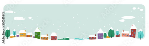 cute houses snowy town on winter background merry christmas happy new year holiday celebration concept greeting card horizontal banner vector illustration