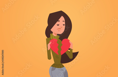heartbroken woman in depression life crisis break up divorce betrayal concept sad girl holding broken heart flat portrait horizontal vector illustration