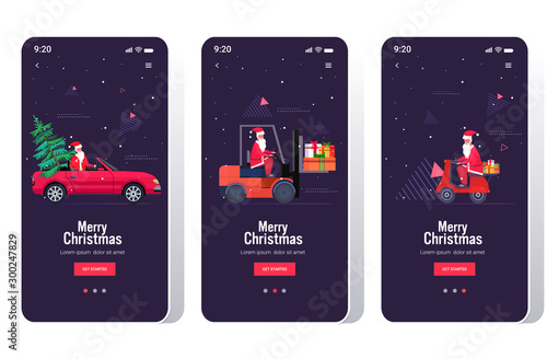 santa claus driving car forklift and scooter set merry christmas happy new year holiday celebration concept horizontal copy space vector illustration