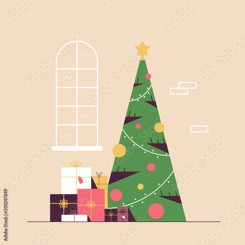 christmas decorated green fir tree with gift present boxes merry xmas happy new year holiday celebration concept vector illustration