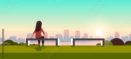 unhappy sad woman in depression having relationship problem life crisis break up divorce concept girl sitting wooden bench cityscape background flat full length horizontal vector illustration