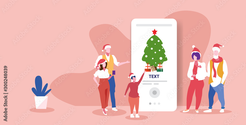 multi generation family in santa hats using online mobile app merry christmas happy new year holiday celebration concept fir tree with gift boxes on smartphone screen horizontal full length vector
