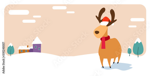 deer cartoon animal reindeer in santa claus hat merry christmas happy new year holiday celebration concept cute snowy houses on winter background greeting card horizontal vector illustration