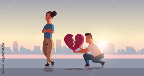 unhappy couple in depression having relationship problem life crisis break up divorce one-sided love concept sad man holding broken heart cityscape background flat full length horizontal vector