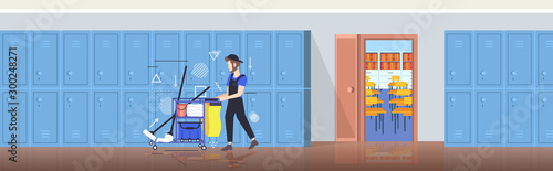 man cleaner pushing trolley cart with supplies male janitor in uniform cleaning service concept modern school corridor interior with row of lockers full length horizontal vector illustration