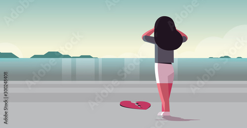 heartbroken sad woman in depression holding head life crisis break up divorce concept rear view girl standing on beach near broken heart seascape background flat full length horizontal vector