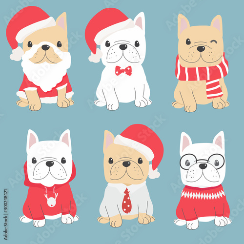 cute french bulldog puppy in christmas costume collection eps10 vectors illustration