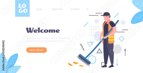 man cleaner sweeping road from leaves with broom male janitor in uniform cleaning service concept full length sketch horizontal copy space vector illustration