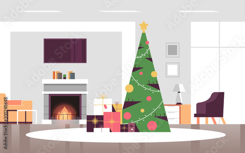 christmas decorated green fir tree with gift present boxes merry xmas happy new year holiday celebration concept modern living room interior horizontal vector illustration