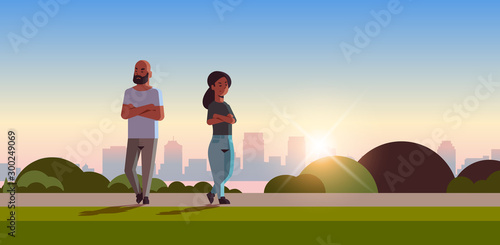 unhappy sad couple in depression having relationship problem life crisis divorce concept african american man woman breaking up relation sunset cityscape background flat horizontal vector illustration