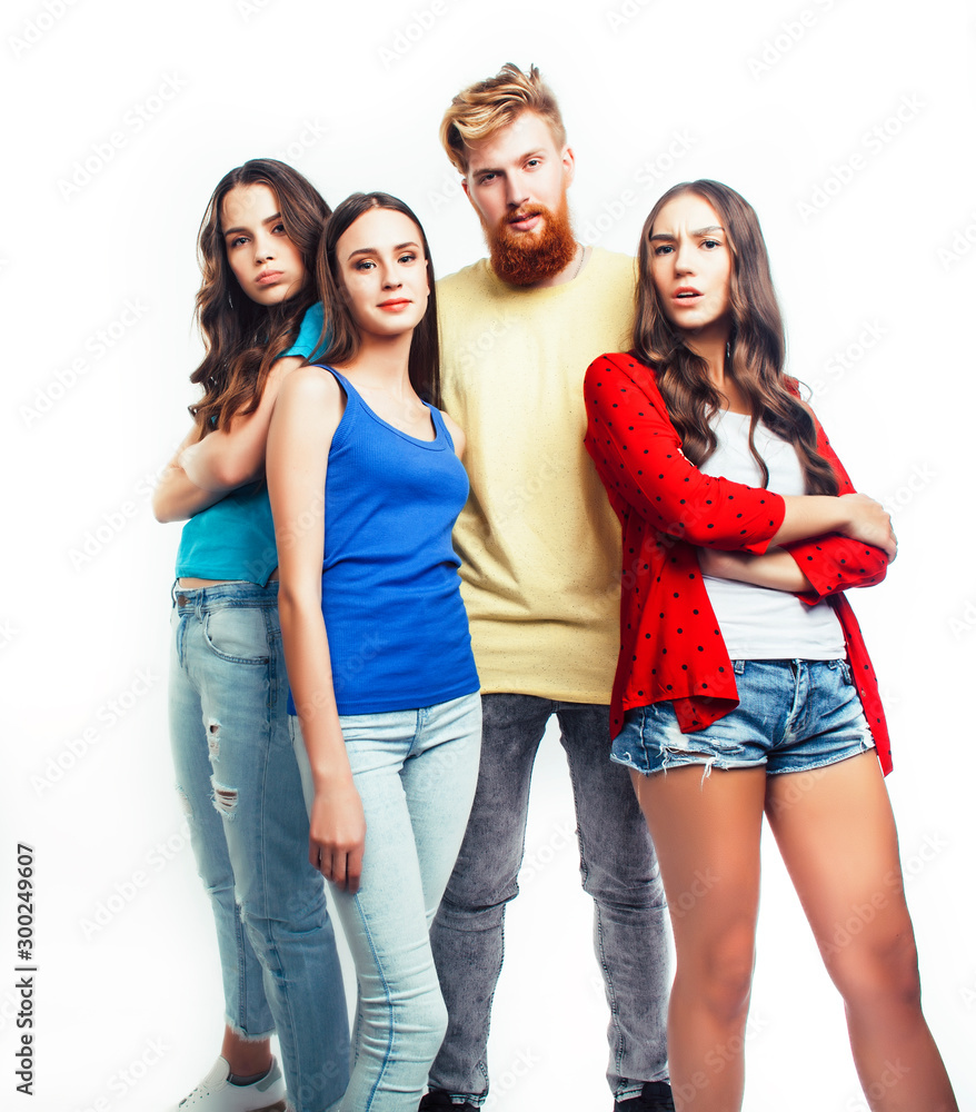 company of hipster guys, bearded red hair boy and girls students having fun together friends, diverse fashion style, lifestyle people concept isolated on white background company of hipster guys, bearded red hair boy and girls students having fun together friends, diverse fashion style, lifestyle people concept isolated on white background