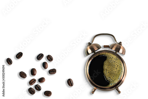 coffee background of hot black coffee in clock cup with roasted coffee beans isolated on white background in concept of coffee time