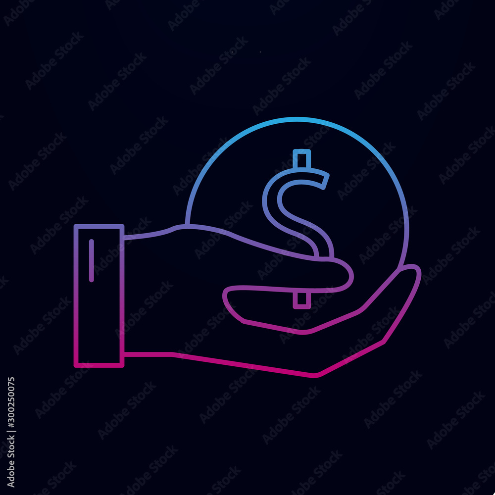 Hand holds a coin nolan icon. Simple thin line, outline vector of banking icons for ui and ux, website or mobile application Hand holds a coin nolan icon. Simple thin line, outline vector of banking icons for ui and ux, website or mobile application