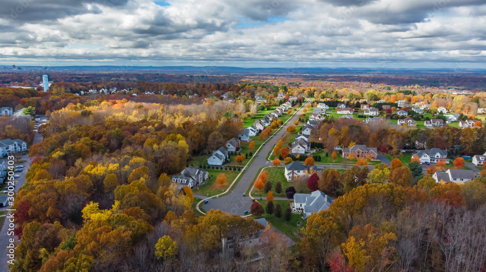 Aerial view of the beautiful autumn area with yellow and red trees