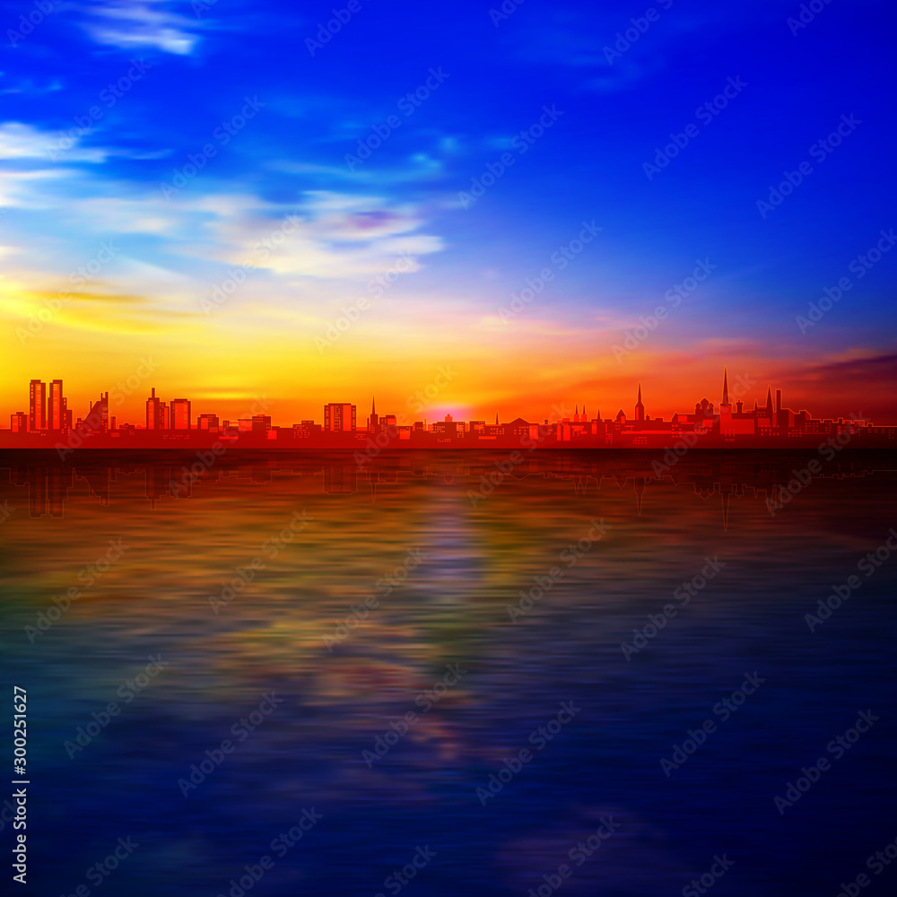 abstract gold sunrise background with blue sky and silhouette of city