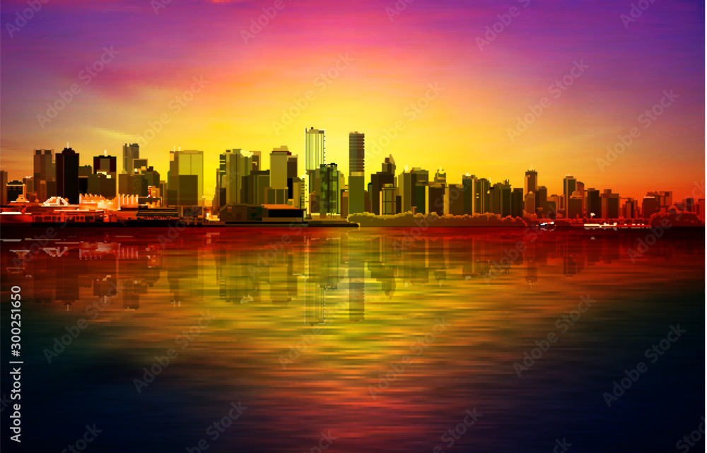 abstract red sunset background with violett sky and panorama of Vancouver
