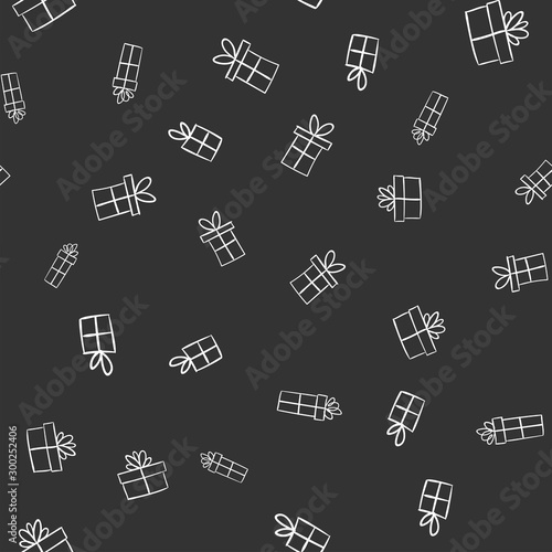 Gift box doodles seamless pattern. Christmas present background texture.