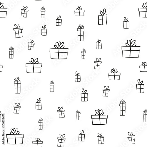Gift box doodles seamless pattern. Christmas present background texture.