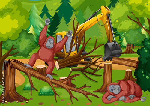 Deforestation scene with monkey and tractor