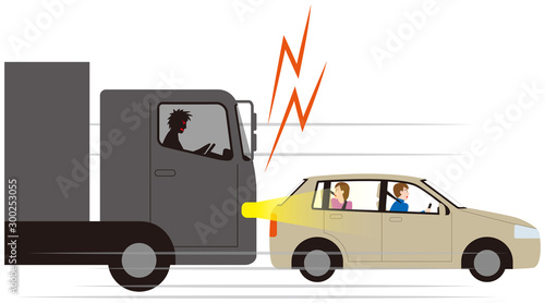 乗用車へ煽り運転するトラック.ベクター素材.