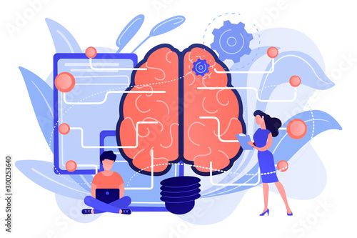 Big brain with circuit and programmers. Artificial intelligence, machine learning and data science, cognitive computing concept on white background. Pink coral blue vector isolated illustration