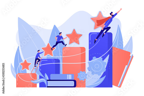 Businessmen climb growth column graph. Career and personality development, careerbuilder, career planning progress concept on white background. Pink coral blue vector isolated illustration