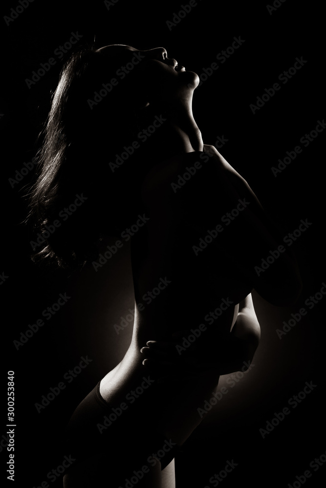 Slim Sexy woman in Black White Monotone sensual post short black hair turn shape body, Beautiful