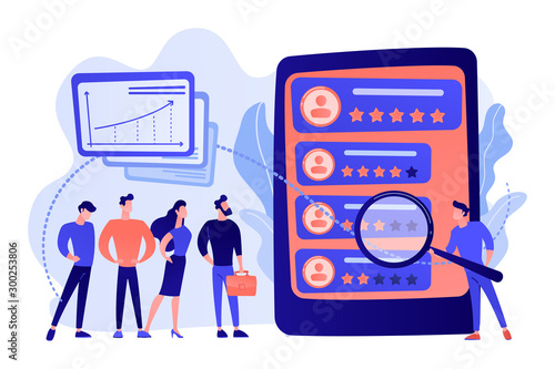 Tiny people analyst observing the workers performance on tablet. Performance rating, employee work measurement, work efficiency feedback concept. Pink coral blue vector isolated illustration