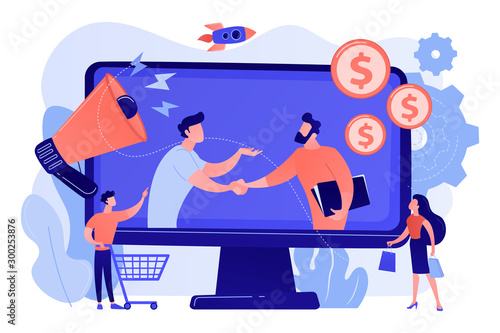 Profitable partnership, business partners cowork. Affiliate marketing, cost effective marketing solution, affiliate marketing management concept. Pink coral blue vector isolated illustration