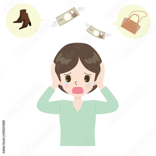 Illustration of woman crying on shoes and bag and splinter. photo