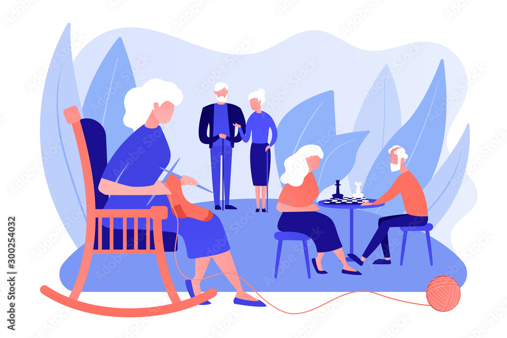 Naklejka premium Pensioners pastime at senior home. Aged couple playing chess. Activities for seniors, elderly active lifestyle, older people time spending concept. Pinkish coral bluevector isolated illustration