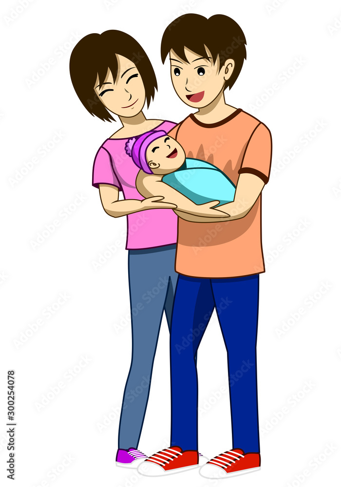 Husband, wife, and newly born child.  The father is carrying the child and the mother is standing beside. Everyone are happy.  It is an image that shows the love of the family.