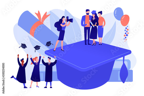 Graduating with friends. Proud parents with graduated student. Graduation day, getting an academic degree, graduation announcements concept. Pinkish coral bluevector isolated illustration