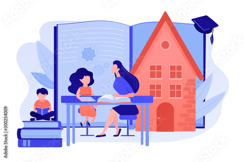 Children at home with tutor or parent getting education, tiny people. Home schooling, home education plan, homeschooling online tutor concept. Pinkish coral bluevector isolated illustration