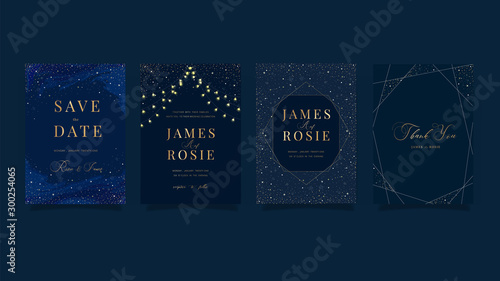 set of navy Blue Universe Wedding Invitation, universe invite thank you, rsvp modern card Design in little star light in the sky, space Vector elegant rustic template