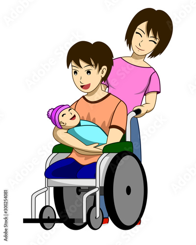 A disabled man with torn legs. He is sitting in a wheelchair and carrying his child. And there is a wife to take care of beside. Such a happy family. It has white background.